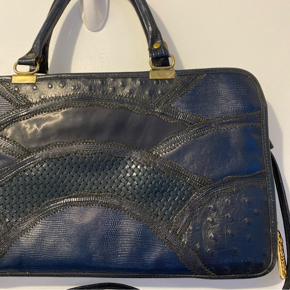 Vintage Caprice Leather Snakeskin Patchwork Navy Blue Handbag - Picture 8 of 16